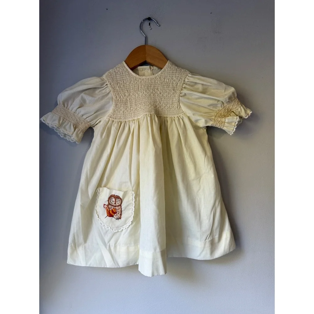 Vintage Smocked Embroidery Dress kids girls Size 4 Cream Owl 80s,